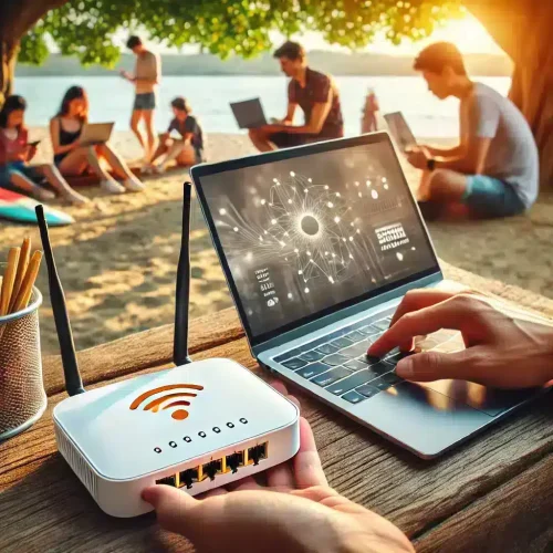mobile router sim card outdoor Working with a laptop and WLAN on the beach.