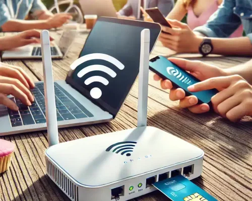 router mobile sim card outdoor le persone utilizzano computer portatili e smartphone con una connessione WLAN.