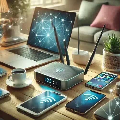 router wifi portatile per la casa La moderna tecnologia di rete domestica con router e dispositivi.