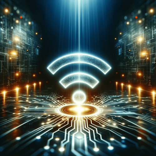 Luminous WiFi symbol in a high-tech environment.
