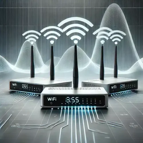 Lo sviluppo degli standard WLAN: una panoramica Router WLAN moderno con onde di segnale che rappresentano diverse generazioni di tecnologia WLAN.